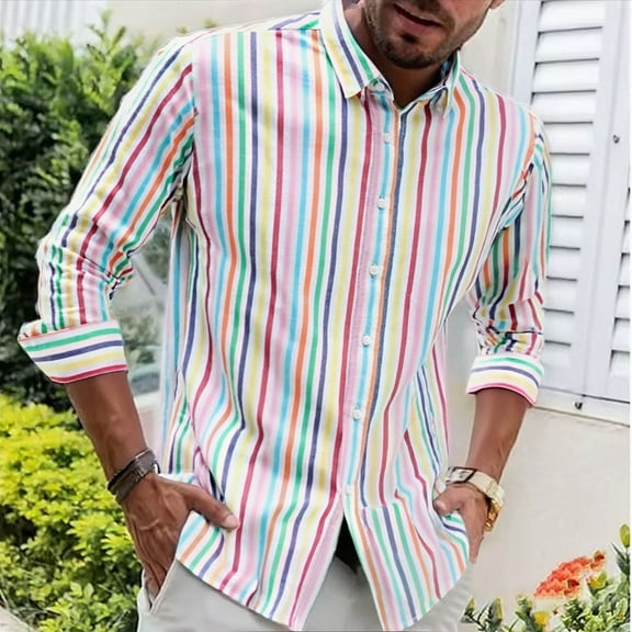 Fnnxeal Big & Tall 4XL Beige Men's Striped Oxford Shirt - Vibrant Design, Long Sleeve Roll-Up Cuffs, Stylish Casual, Durable Breathable