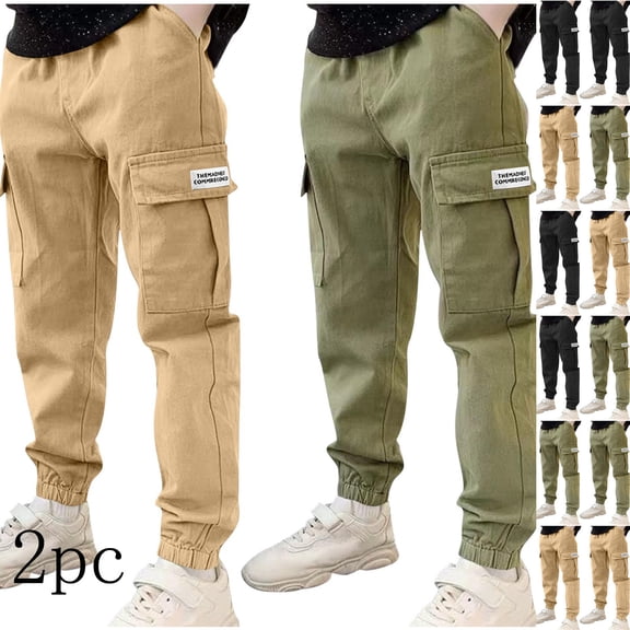 breaise 2PC Boys Stretch Cargo Pants Kids Drawstring Elastic Waist School Twill Joggers Pants
