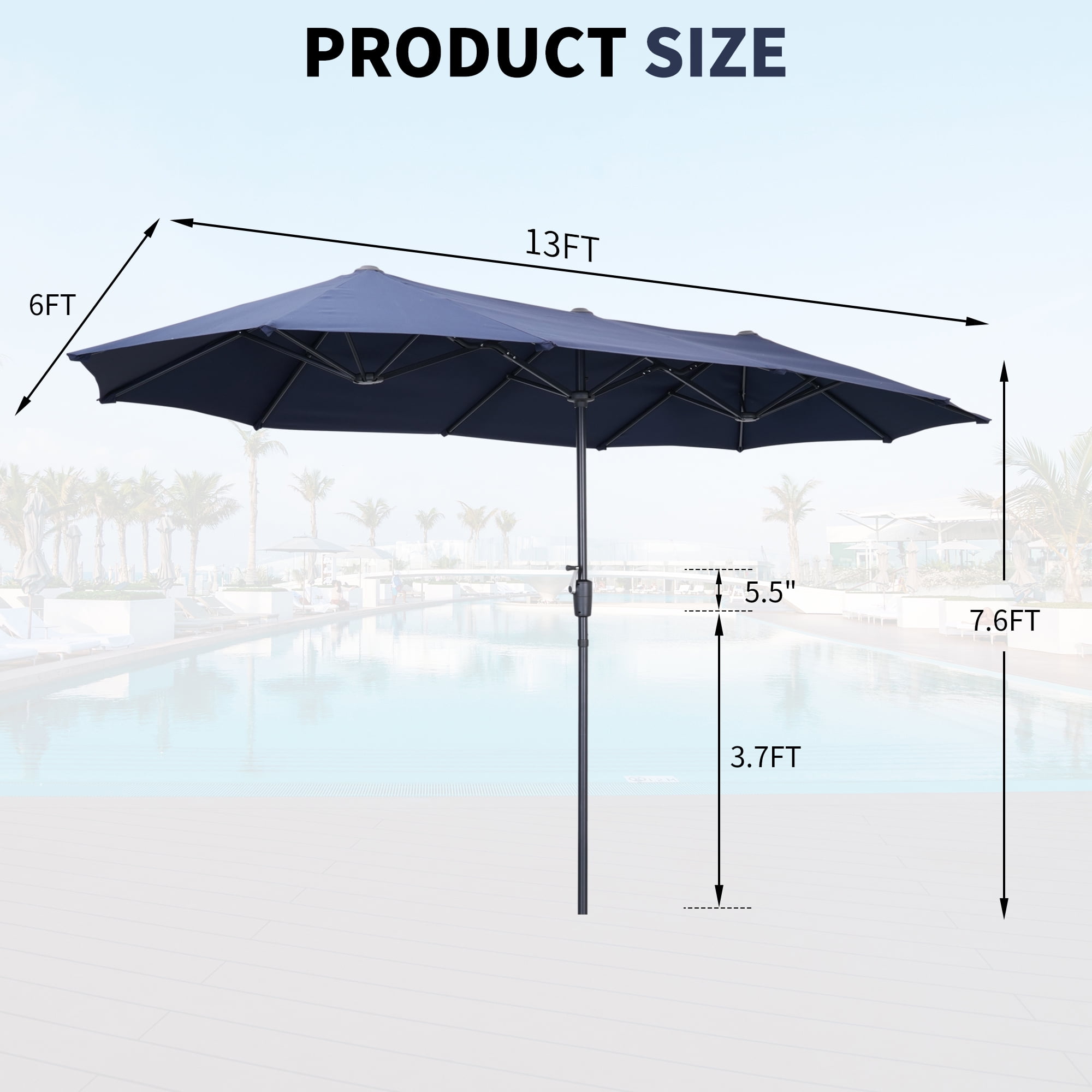 Ainfox 13ft Large Patio Umbrella, Outdoor Double-Sided Rectangle Market Heavy Duty Umbrellas without Base, Navy Blue