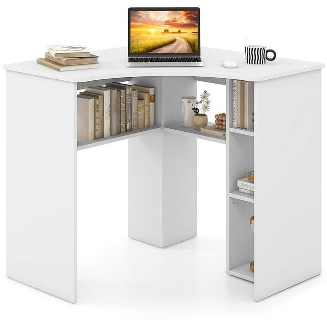 Costway L-Shaped Computer Desk with Storage Shelves Adjustable Shelf for Home Office White