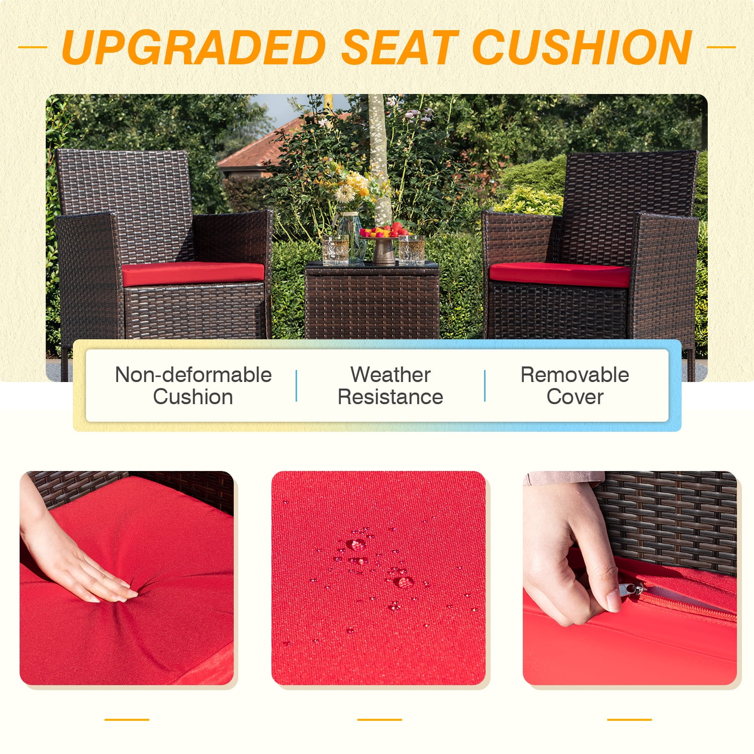 Homall 3 Pieces Patio Furniture Set Outdoor PE Rattan Wicker Patio Conversation Set Bistro Set with Tempered Glass and Cushioned Chairs, Brown/Red