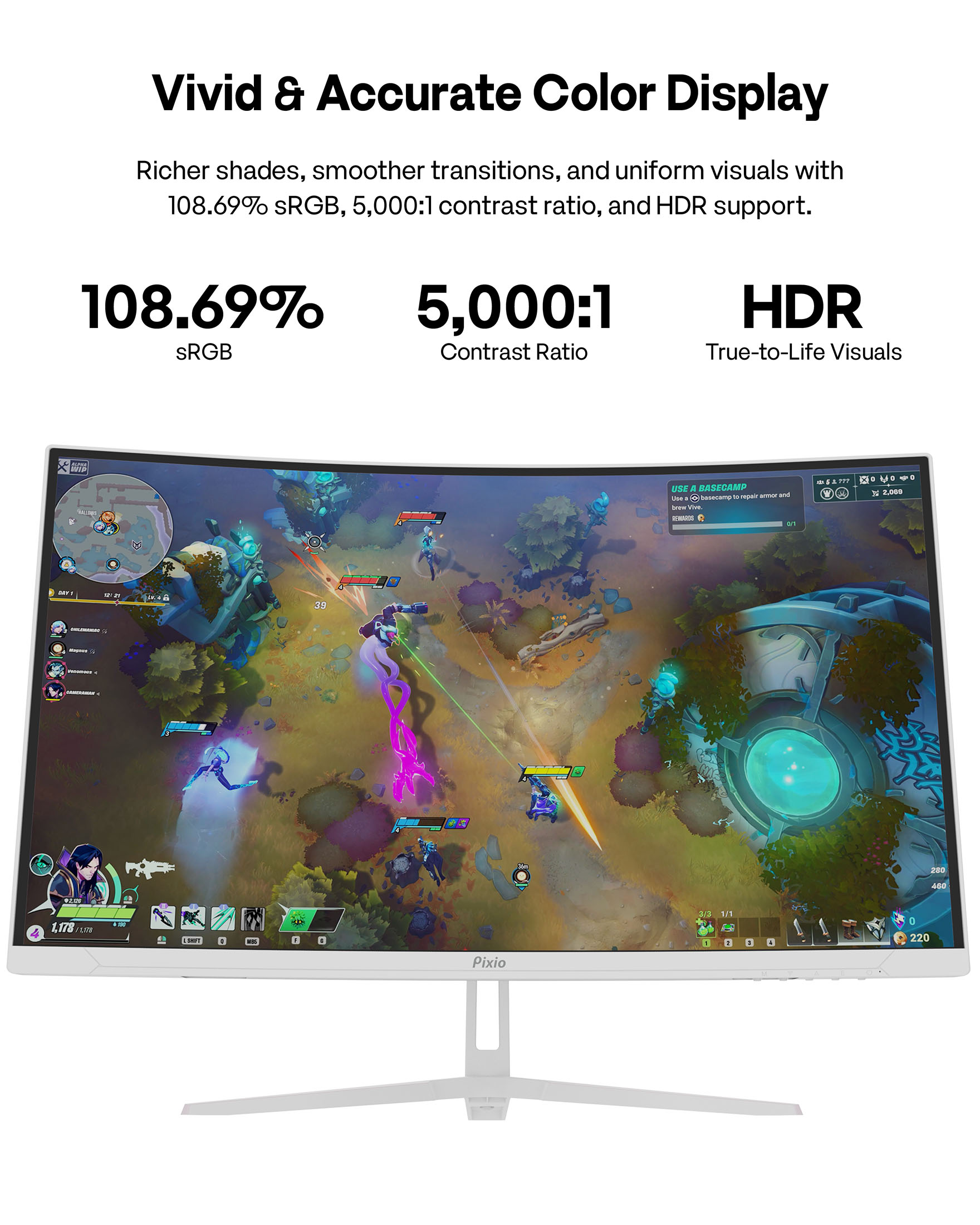 Pixio PXC278 Wave White 27 inch 180Hz Refresh Rate QHD 1440p Resolution 1650R Curved Fast VA Panel 1ms GTG Response Time Adaptive Sync HDR Curved Gaming Monitor