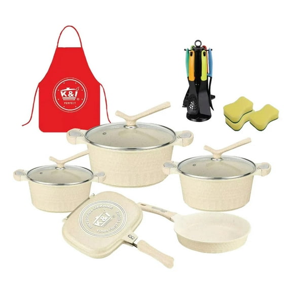 Batería de Cocina Mármol Granito 12 Pzas con Tapas y Sartenes