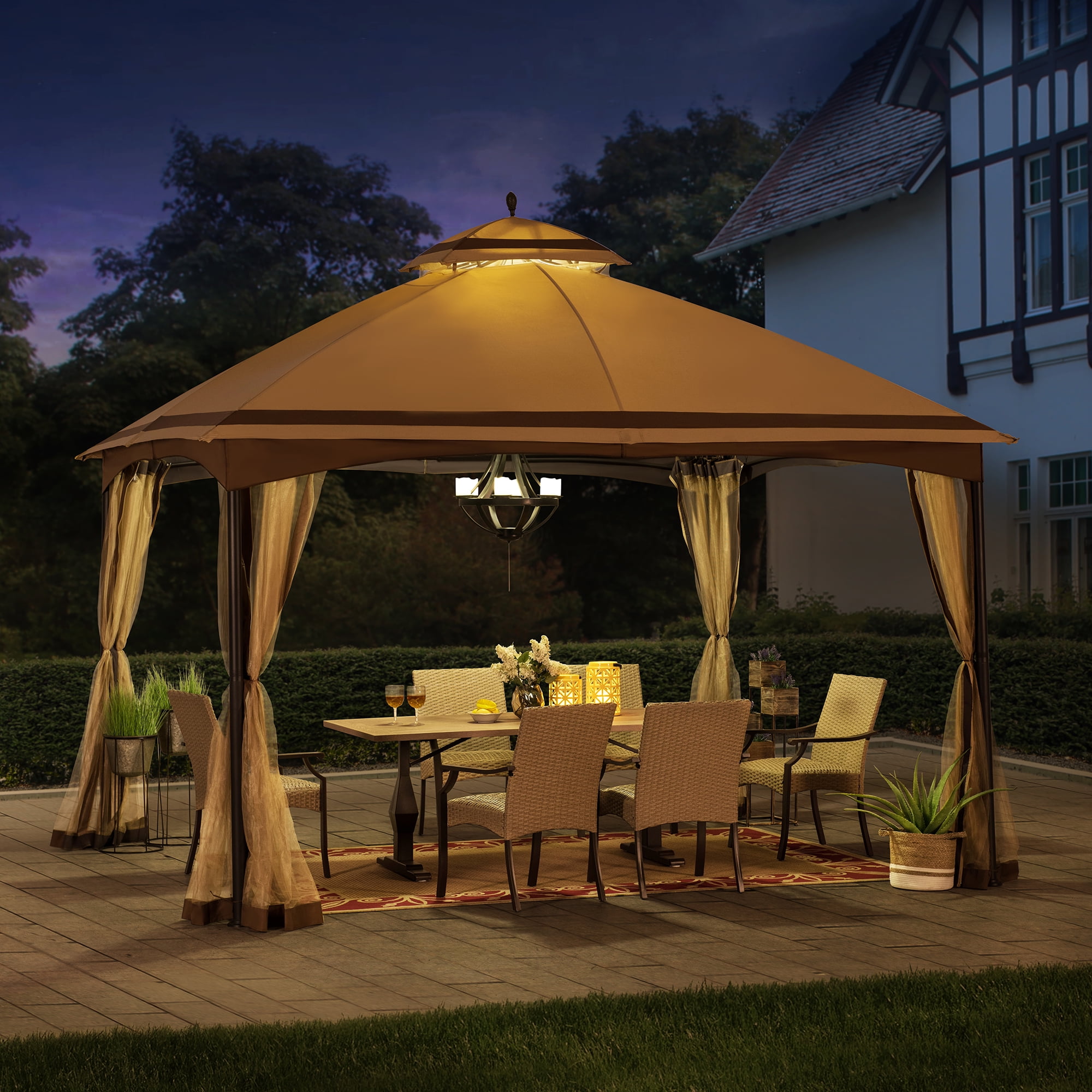 Sunjoy 10 ft. x 12 ft. Outdoor Soft Top Gazebo Beige with Mosquito Netting, Brown 2-tier Steel Gazebo For Backyard,Garden