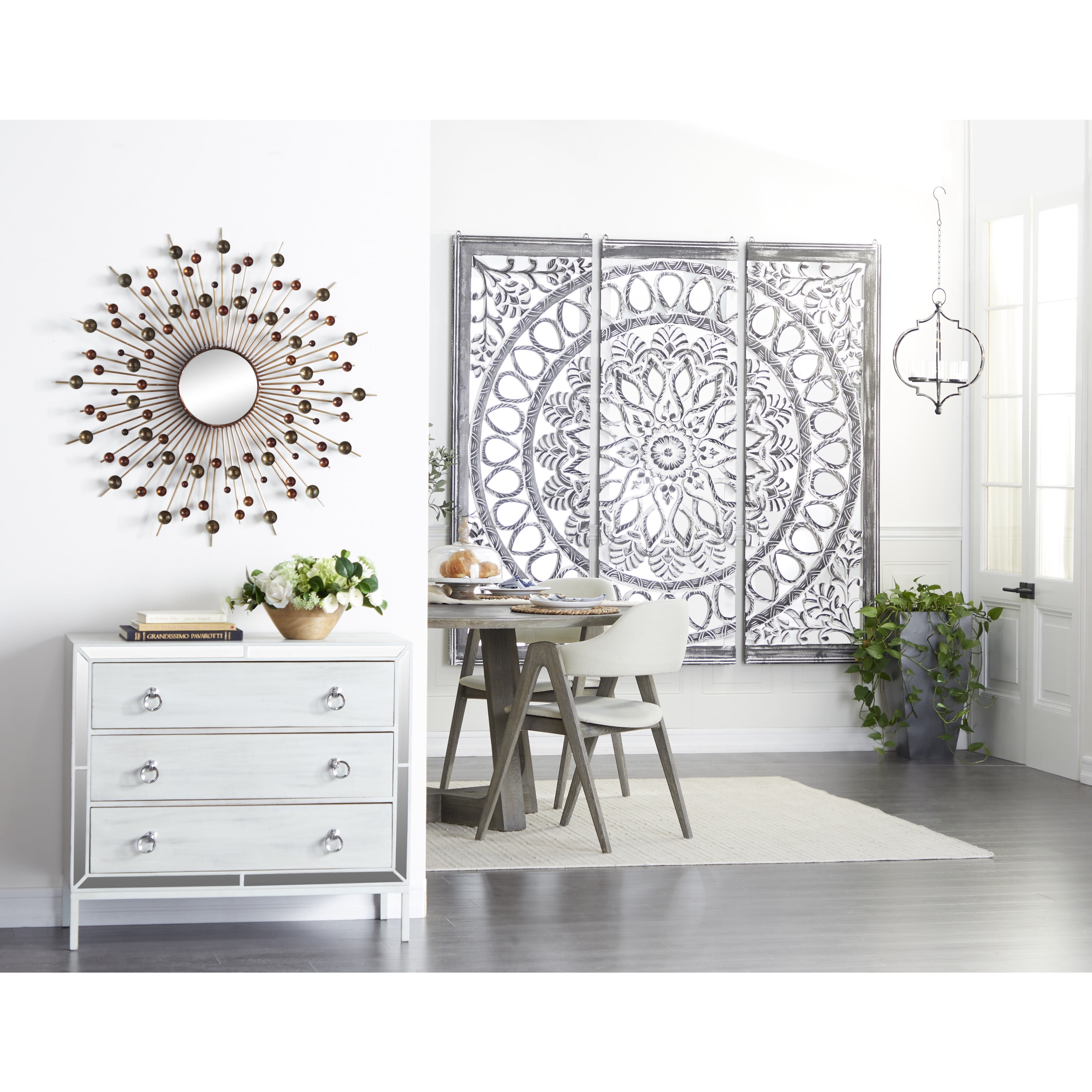 DecMode Black Wooden Handmade Carved Mandala Floral Wall Decor with Mirrored Back Frame (3 Count)