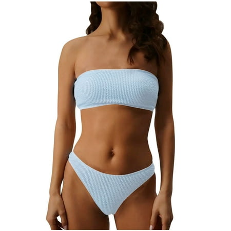 Clearance UTSJKR Women s Two Piece Bandeau Swimsuit Ribbed Strapless Tube Bikini Top with Mid Waist Cheeky Bottom Bathing Suit White 6
