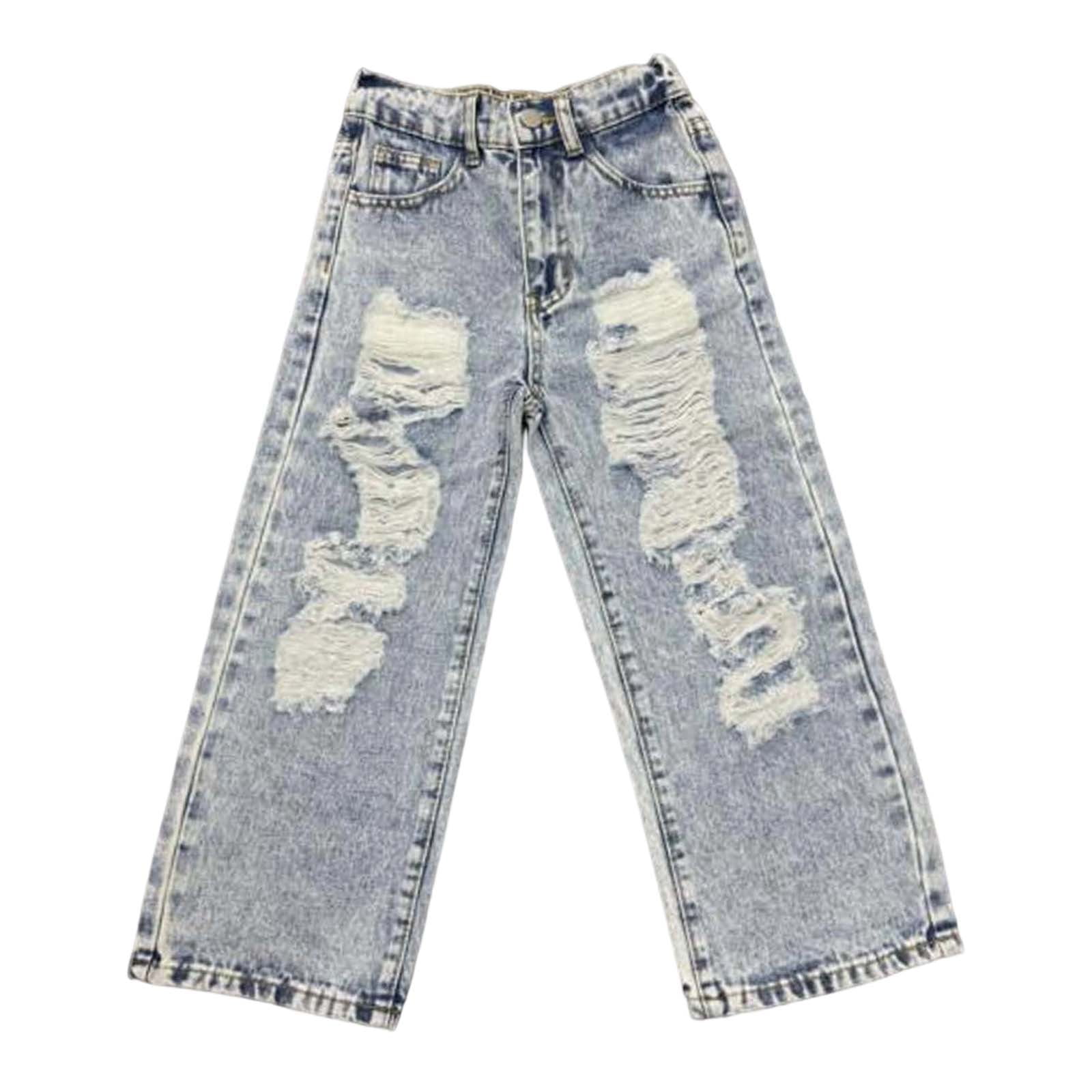 Wdgfv Girls Distressed Wide Leg Jeans Snow Wash Casual Denim Pants Comfortable Loose Fit Trousers For Teen Everyday Wear Age 6-13 Years Light Blue 8-9 Years