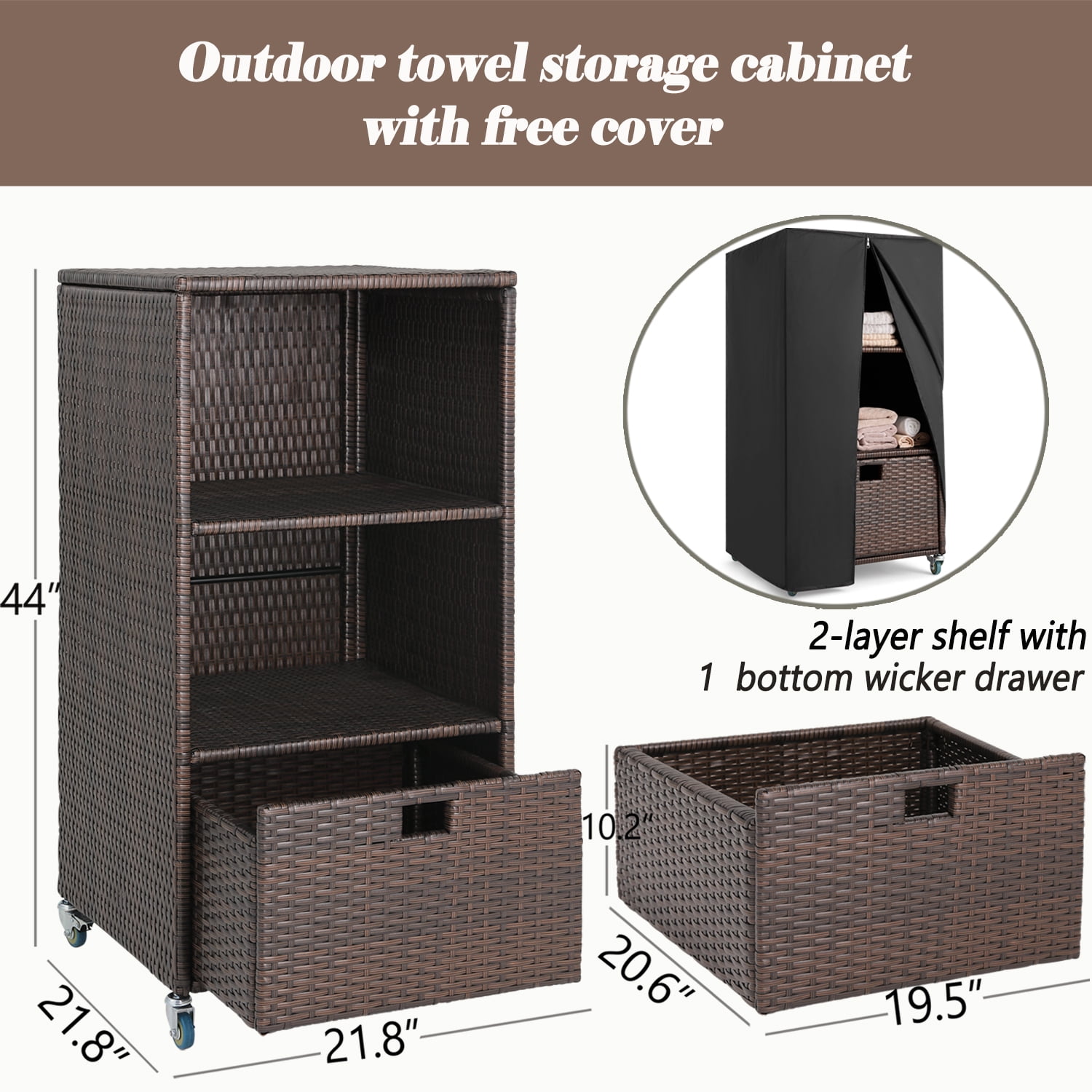 Outdoor Pool Towel Storage Cabinet Organizer Pool Towel Valet Rack with Storage Shelves & Drawer Patio Wicker Pool Towel Holder with Rolling Wheels Poolside Towel Caddy w/Cover for Hot Tub Spa Brown