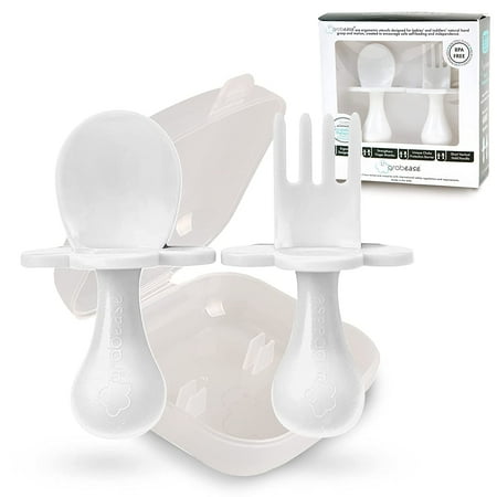 UPC: 0752830927704 | Grabease Baby and Toddler Self-Feeding Utensils – Spoon and Fork Set for Baby-Led Weaning – Made of Non-Toxic Plastic – Featuring Protective Barriers to Prevent Choking and Gagging