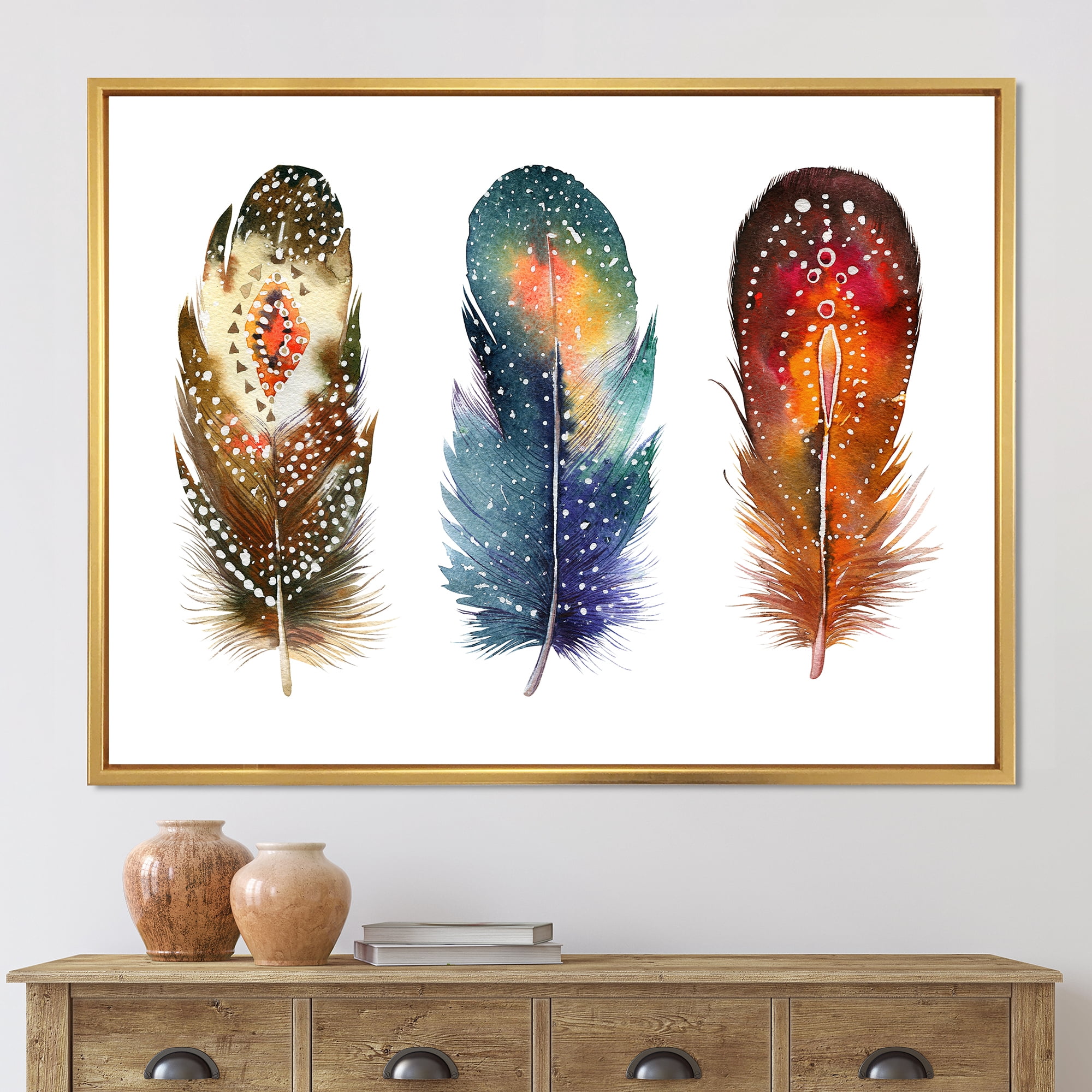 Colourful Boho Art Feather Set IX 40 in x 30 in Framed Painting Canvas Art Print, by Designart