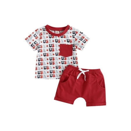 

jaweiwi Baby Toddler Boys 4th of July Outfits 0 6M 9M 12M 18M 24M Short Sleeve Star Letter Print T-Shirts + Knot Front Shorts Clothes Set for Independence Day