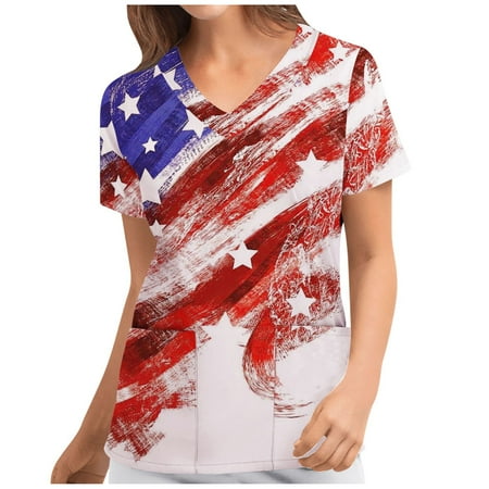 

4th of July Arimecan Flag Scrub Top for Women Patriotic Independence Day Pockets Tops Short Sleeve V Neck Plus Size Print Tee