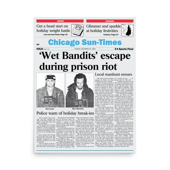 Rocket Prints Wet Bandits Escape During Prison Riot Newspaper Article Alt Poster, 9 x 12