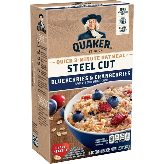 Quaker Steel Cut Quick 3-Minute Oatmeal, Blueberries & Cranberries, Quick Cook, 8 Packets
