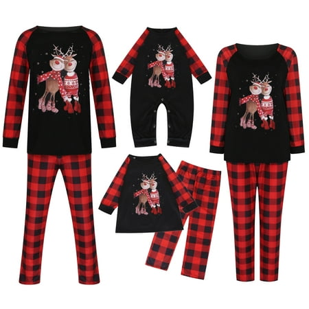 

Christmas Pajamas for Family Cute PJ s with Snowflake Deer Long Sleeve Tee and Plaid Pants Loungewear Holiday Sleepwear