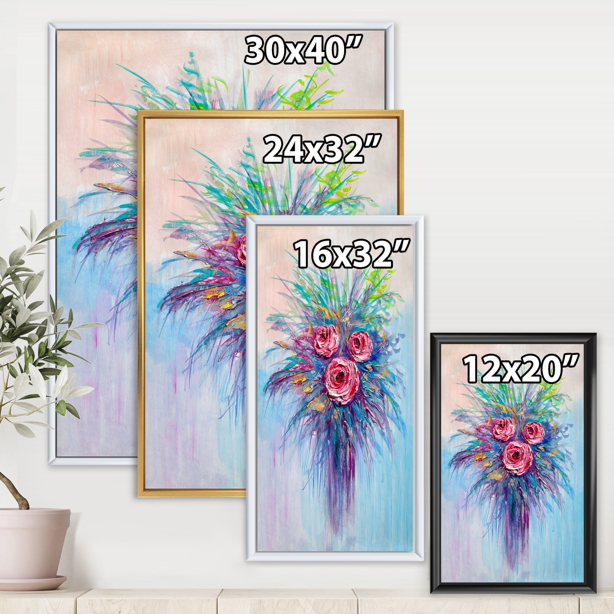 Bouquet Of Red Roses In A Vase On Blue 12 in x 20 in Framed Painting Canvas Art Print, by Designart