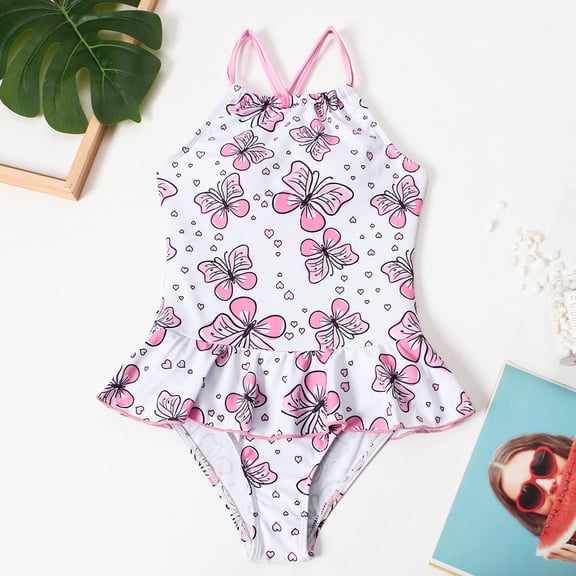 Zylarhe Girls Swimsuit, Girls Swimsuit with Ruffle Adorable Printed Beach Bathing Suit for Kids 11-12 Years Red