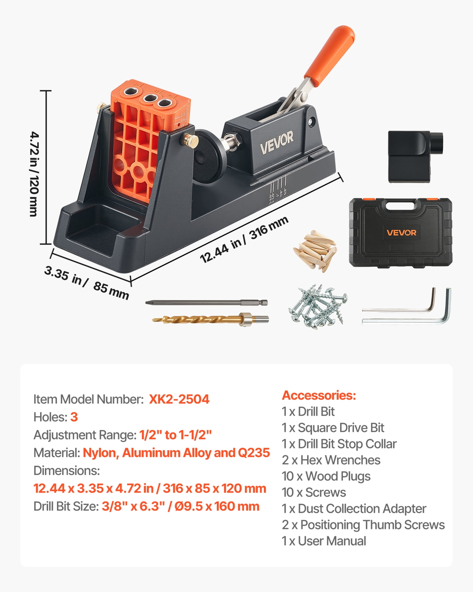 VEVOR Pocket Hole Jig Kit, 1/2" to 1-1/2" Adjustable, Lightweight Jig Pocket Hole System with Dust Collection Adapter, Detachable Guide Block, Drill Bit, Stop Collar, Easy Adjusting, for Woodworking
