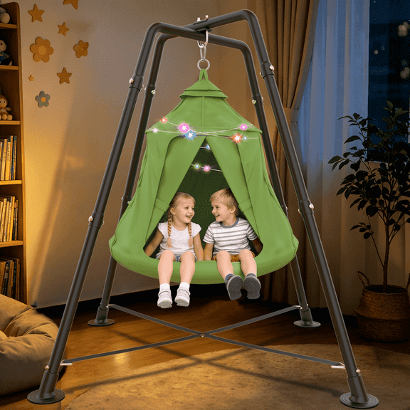 Yacona X-Shaped Swing Set, Sensory Swing with Stand, 330lbs Swing Stand Frame with Play Tent, Hammock Chair for Kids and Adults, Green