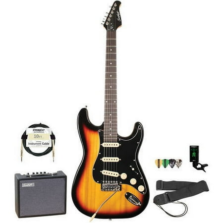 Sawtooth ET Series Left-Handed Electric Guitar with Sawtooth 10 Watt Amp and ChromaCast Accessory Bundle, Candy Apple Red with Pearl White Pickguard