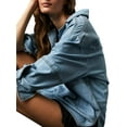 thumbnail image 5 of Spring Fall Women Long Sleeved Loose Denim Blouse Oversize V-neck Jeans Jacket with Pocket, 5 of 5