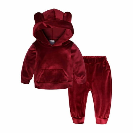 

EQWLJWE Boys Girls Velvet Hooded Tracksuit Sweatshirt Top + Sweatpants Hoodie Outfit Set