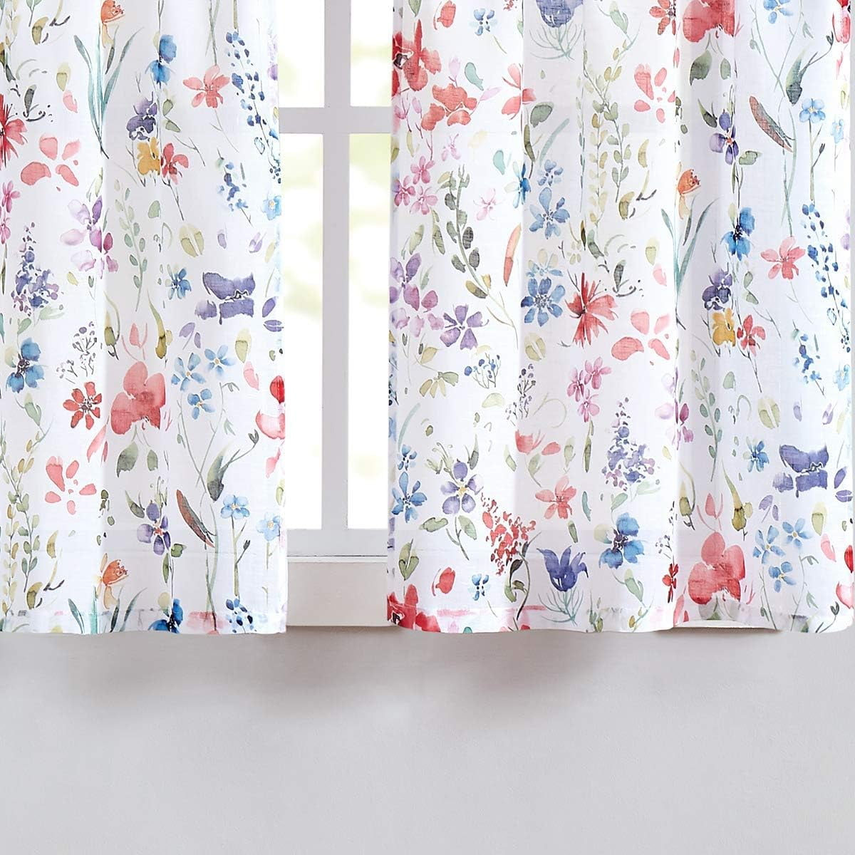 Floral Kitchen Curtains 36 inch Length Multi Color Red Flower Farmhouse Short Cafe Curtains Faux Linen Small Window Curtains for Bathroom 28" W x 36" L 2 Panels,Rod Pocket