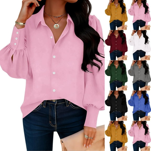 HomeDM Button Down Shirts for Women, Puff Long Sleeve Collared Dress Shirts Work Office Solid Color Blouses - Pink/L