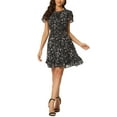 thumbnail image 1 of Vestido de gasa floral con volantes y cuello en V para mujer INSPIRE CHIC, con mangas acampanadas, por encima de la rodilla, negro, 1 of 7