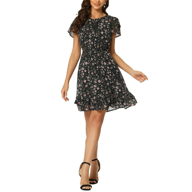 Vestido de gasa floral con volantes y cuello en V para mujer INSPIRE CHIC, con mangas acampanadas, por encima de la rodilla, negro