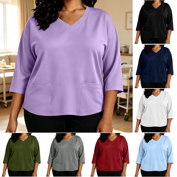 Aboser 3/4 Sleeve Scrub Tops for Women Plus Size V Neck Nursing Shirts Workwear Breathable Soft Scrubs Shirt Solid Color Uniform Tops with Pockets