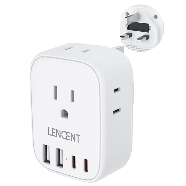 Adaptador de Enchufe LENCENT Inglés Blanco con 4 Salidas CA, 2 USB-C y 2 USB-A para Viaje a Reino Un