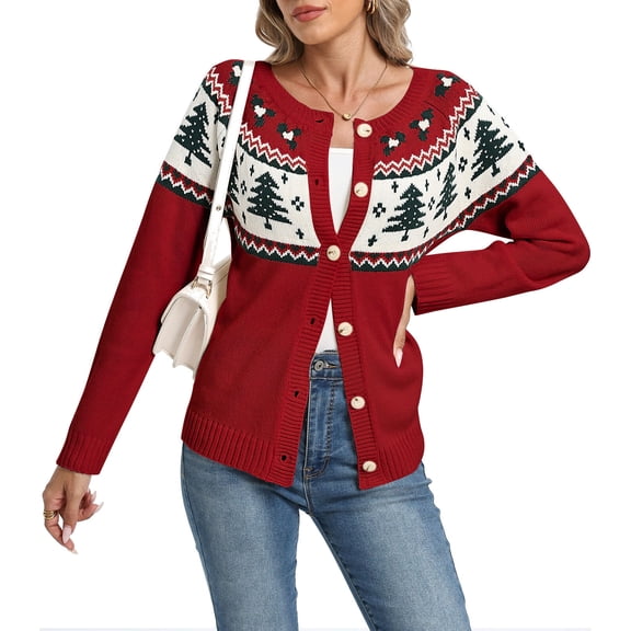 Fair Isle Sweaters for Women Slim Fit Button-Up Holiday Knit Christmas Tree Cardigan Sweater Alsol Lamesa