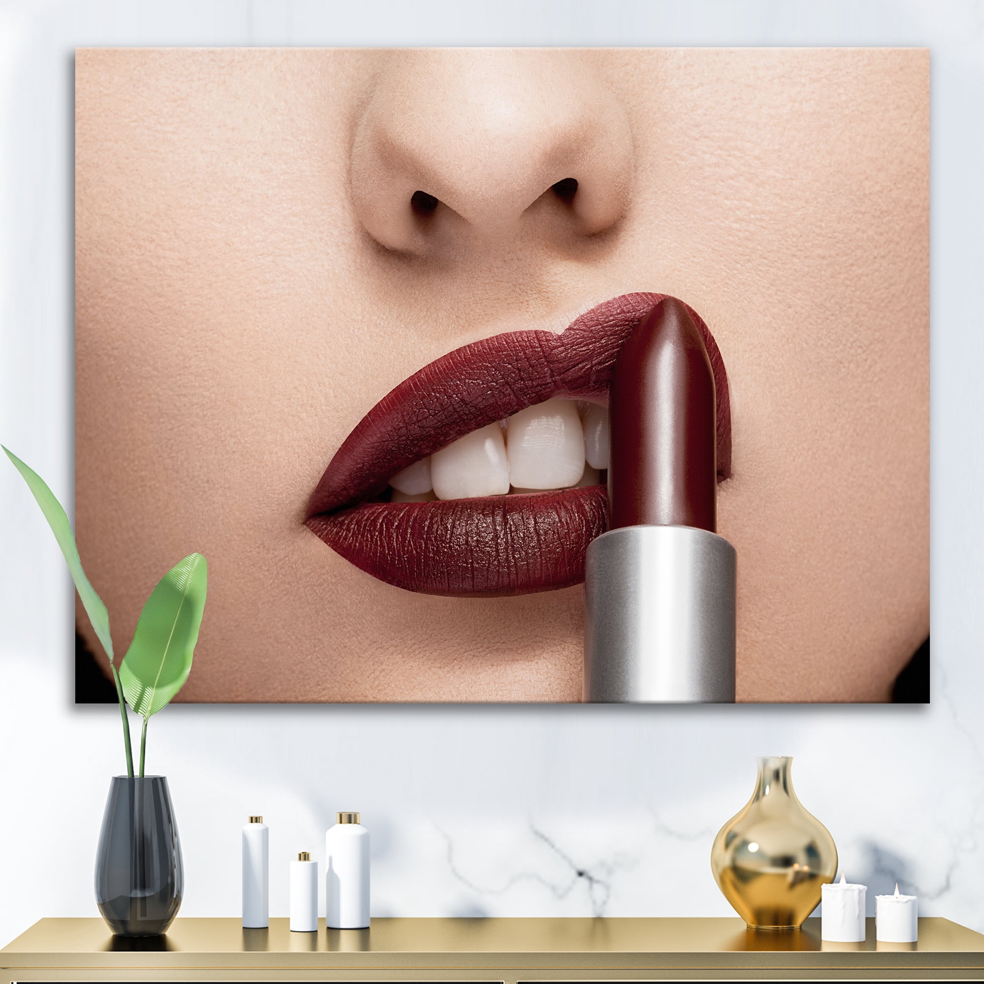 Designart ' Woman Applying Red Lipstick On Lips II ' Modern Canvas Wall Art Print