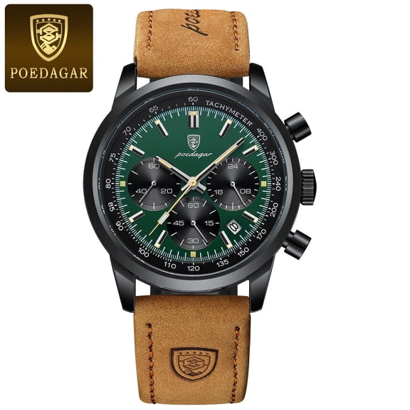 Luxury Mens Leather Watch Waterproof Luminous Date Chronograph Quartz Wristwatch-Black Dark Green Face