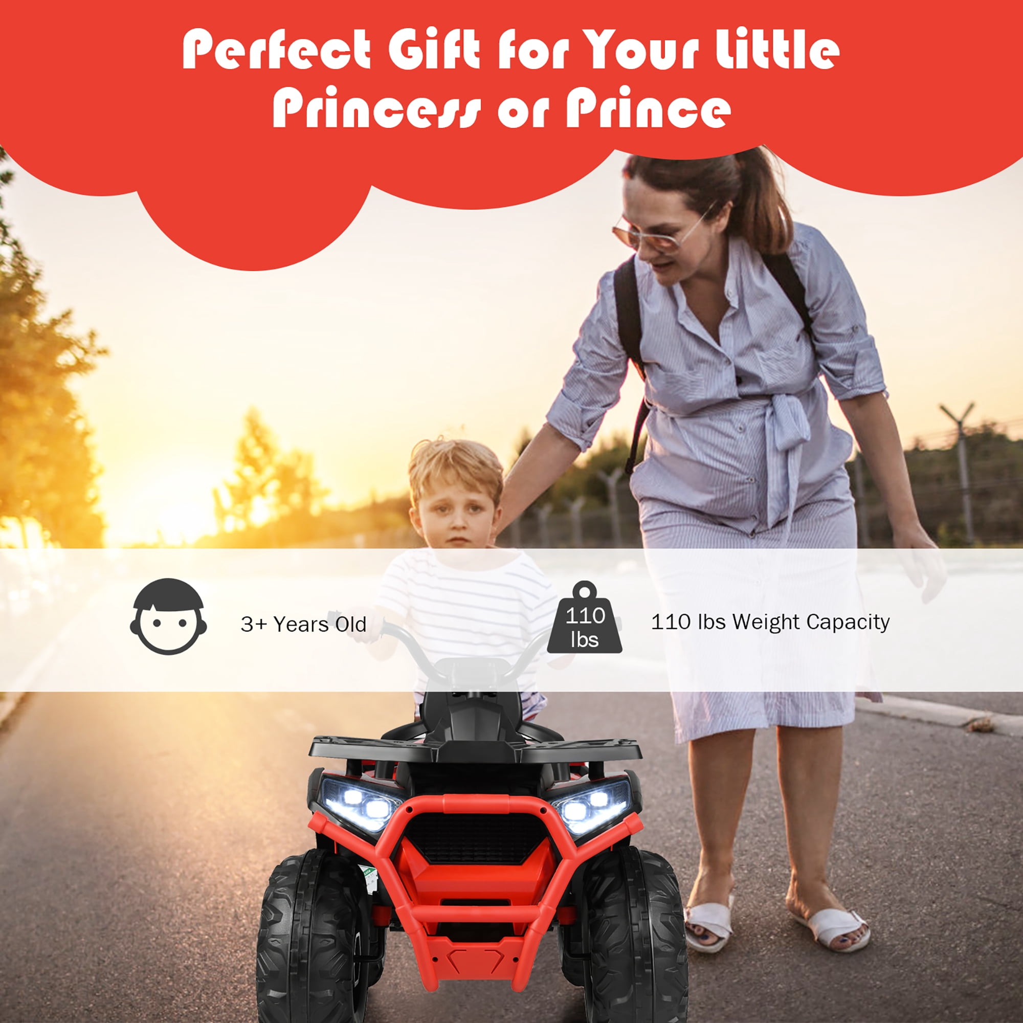Costway 12V Kids Electric 4-Wheeler ATV Quad 2 Speeds Ride On Car w/MP3&LED Lights Red