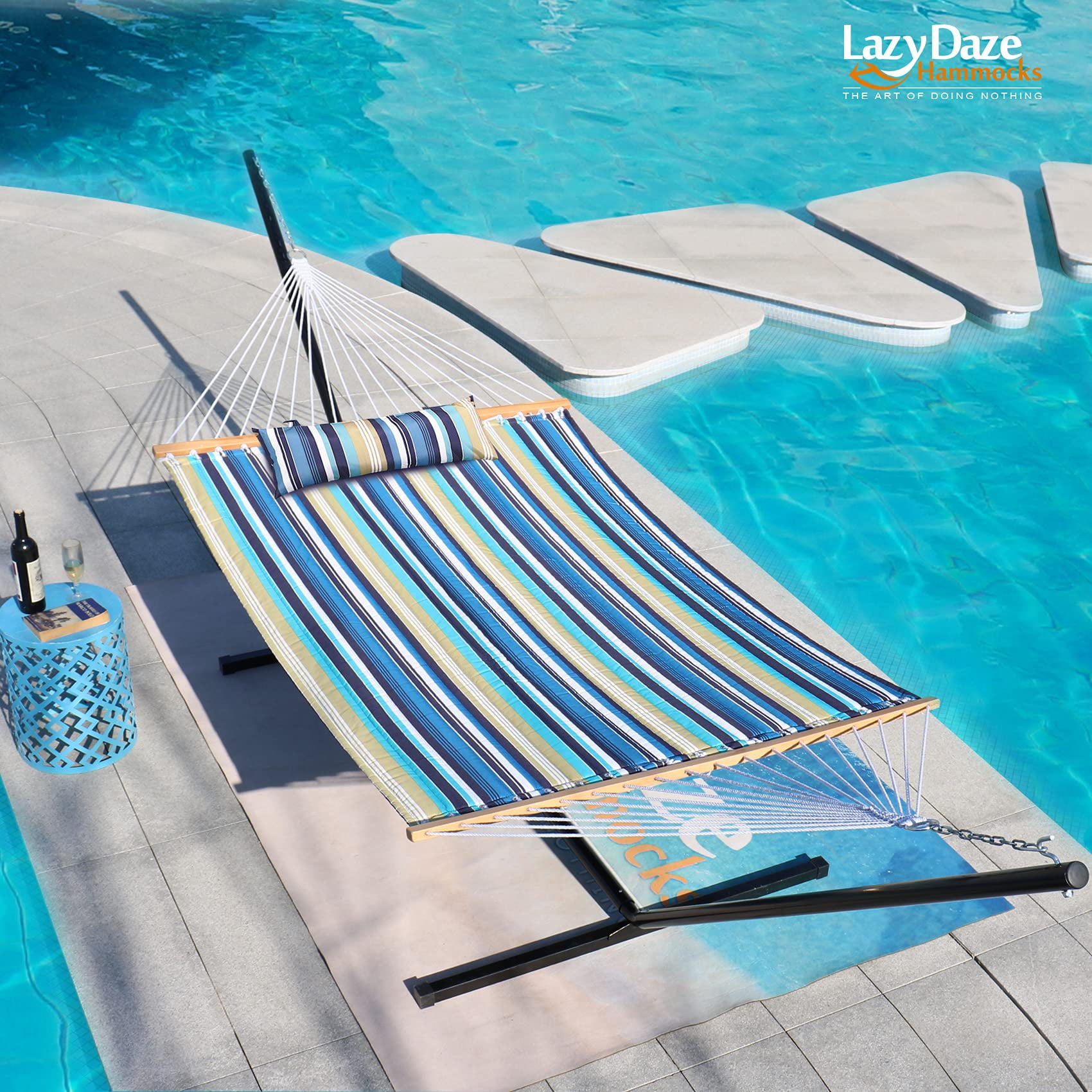 Prime Garden Two Person Hammock 12FT with Pillow for Outdoor,450 LBS Weight Capacity,Blue