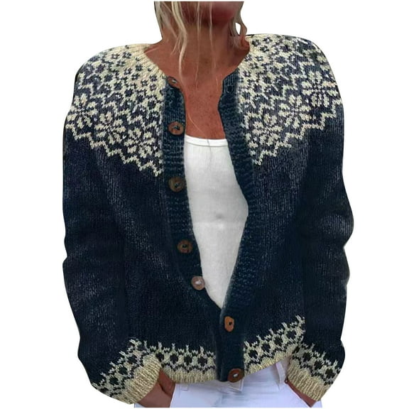 Plus Size Ethnic Sweater for Women Long Sleeve Button Front Cardigans Crew Neck Casual Fall Jacket Knitwear Navy, M