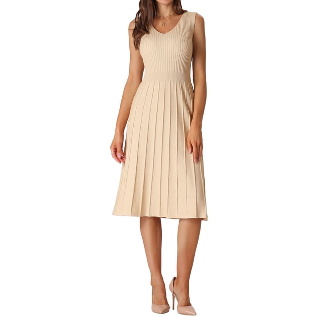 Vestido Midi Sin Mangas de Punto Plisado V de INSPIRE CHIC para Mujeres XL Beige
