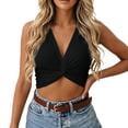 thumbnail image 2 of Telankuip Women's V-Neck Twist Front Sleeveless Ribbed Knit Tank Tops Summer Stretchy Soft Comfortable Casual Cropped Vest Simple and Stylish Solid Color Basic Workout Tees Black XL, 2 of 5