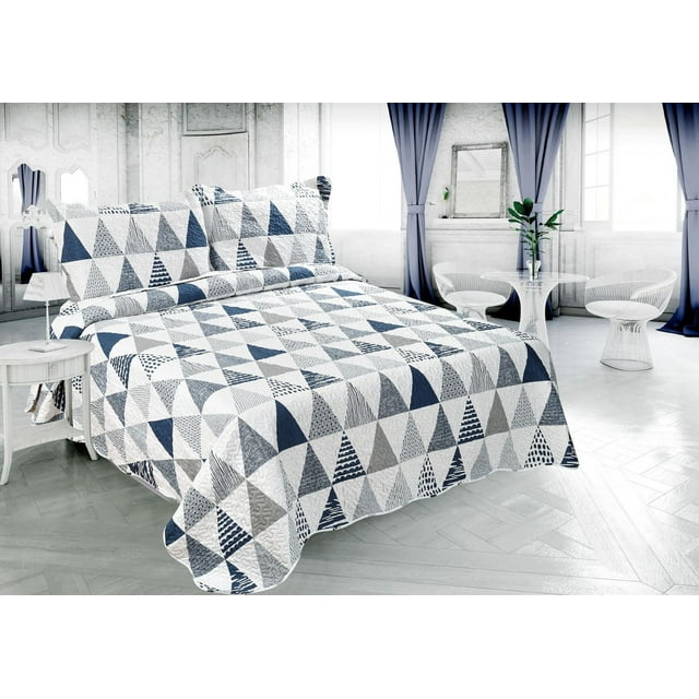 Ultra soft summer quilt set featuring a modern geometric triangle pattern in blue, gray, and white on bedspread and shams.