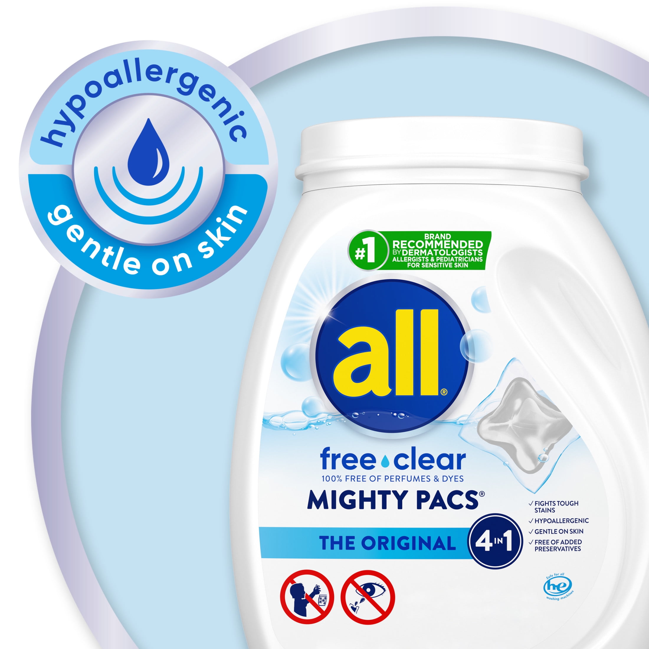 (6 pack) (6 pack) all Mighty Pacs Laundry Detergent Pacs, Free Clear for Sensitive Skin, Unscented and Dye Free, 19 Count