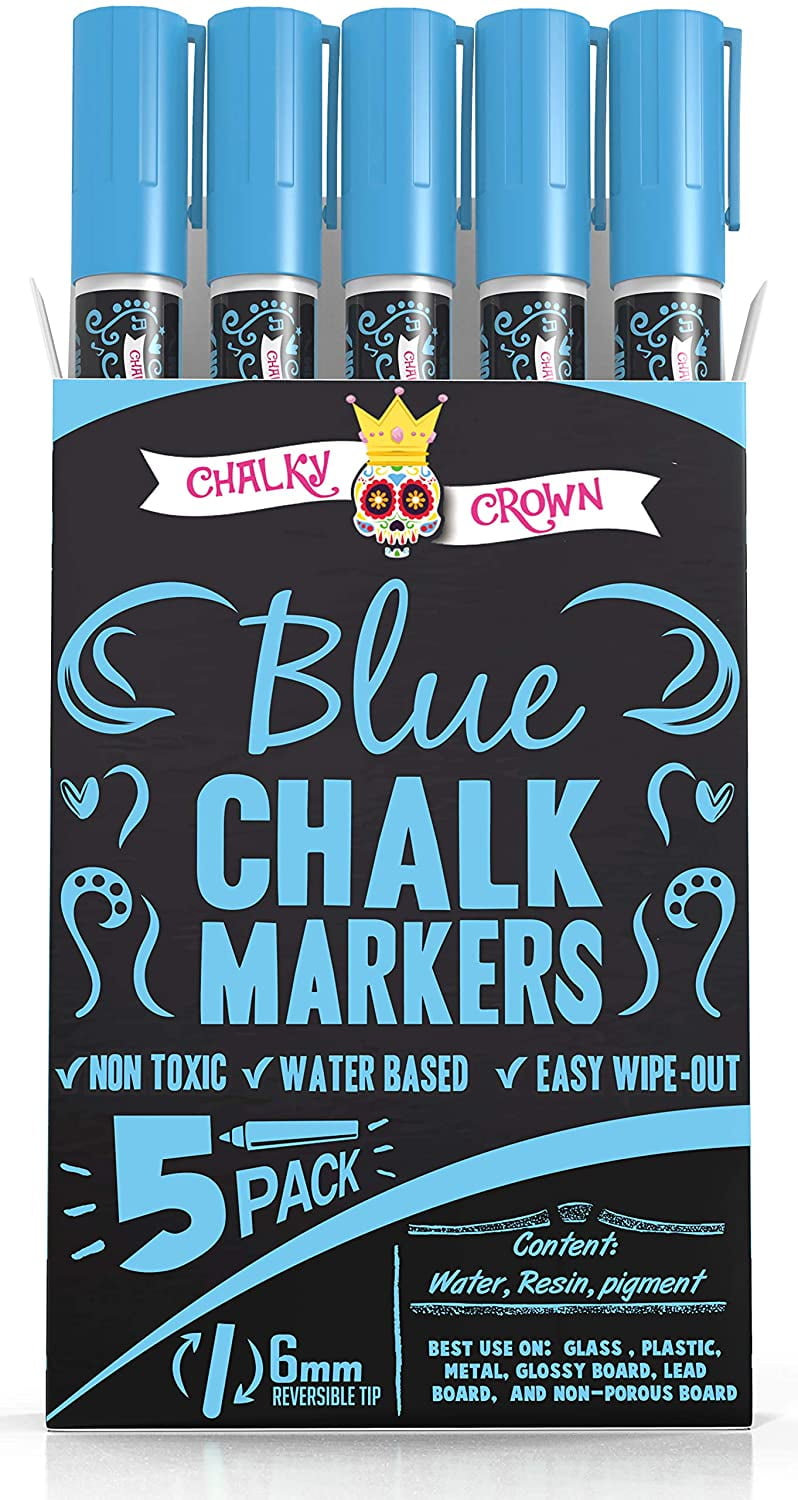 Chalky Crown Liquid Chalk Marker Pen - Dry Erase Marker - Chalk Markers for Chalkboard Signs, Windows, Blackboard, Glass - 6mm Reversible Tip - 24 Chalkboard Labels Included (Blue, 5 Pack)