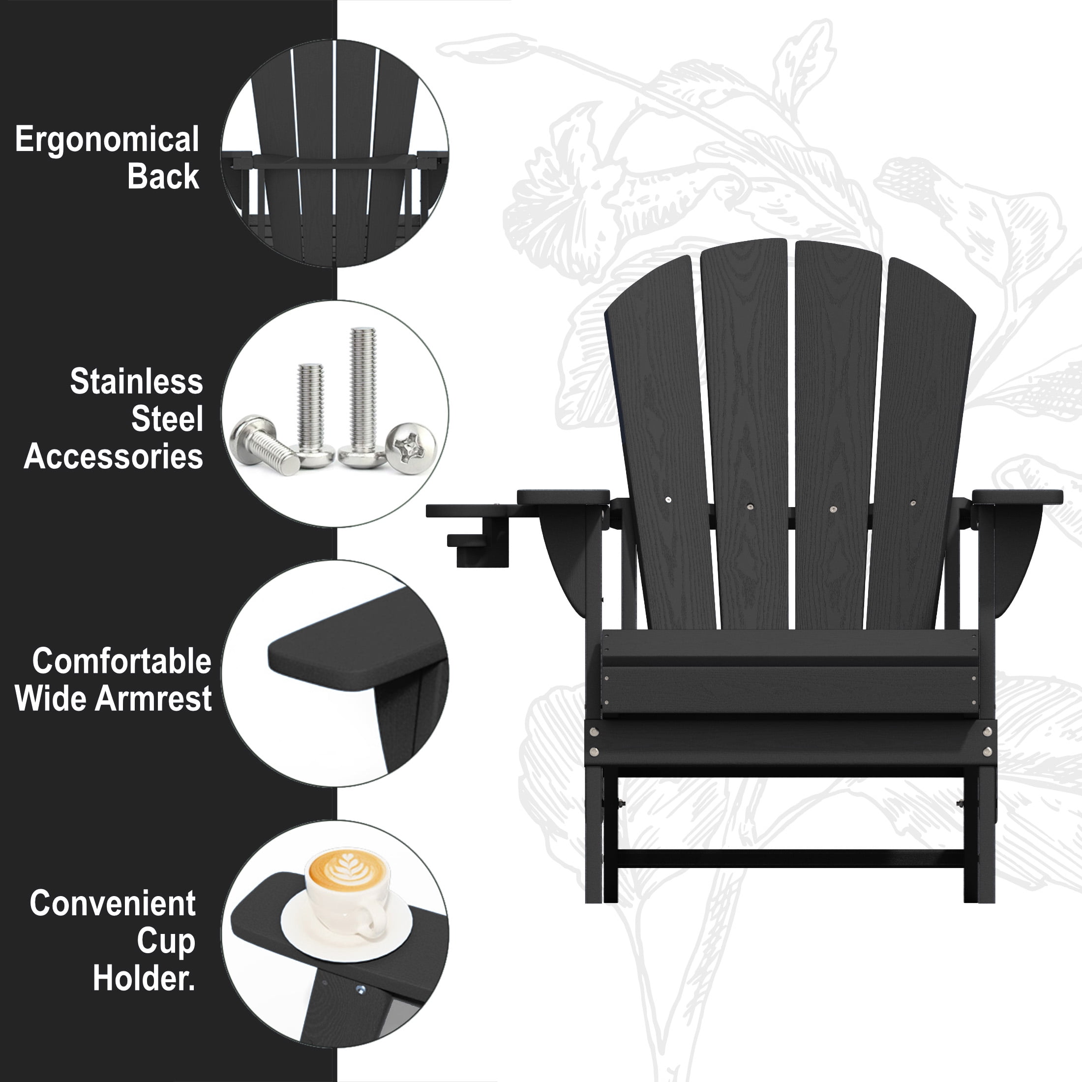 AreShark Adirondack Chair,HDPE All-Weather Patio Chairs Outdoor with Cup Holder, Lawn Chair with Weather Resistant for Outside Deck Lawn Garden, Weight Capacity Up to 380 Lbs –Black
