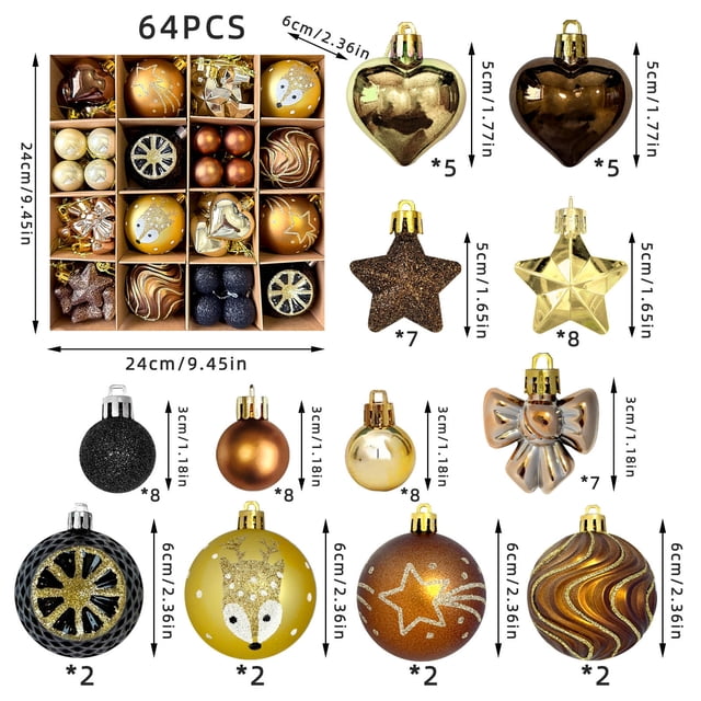 Bola Decorativa Juego de 64 adornos navideños para árbol con lazos, ciervos y corazones para decoración navideña. Rkxzt