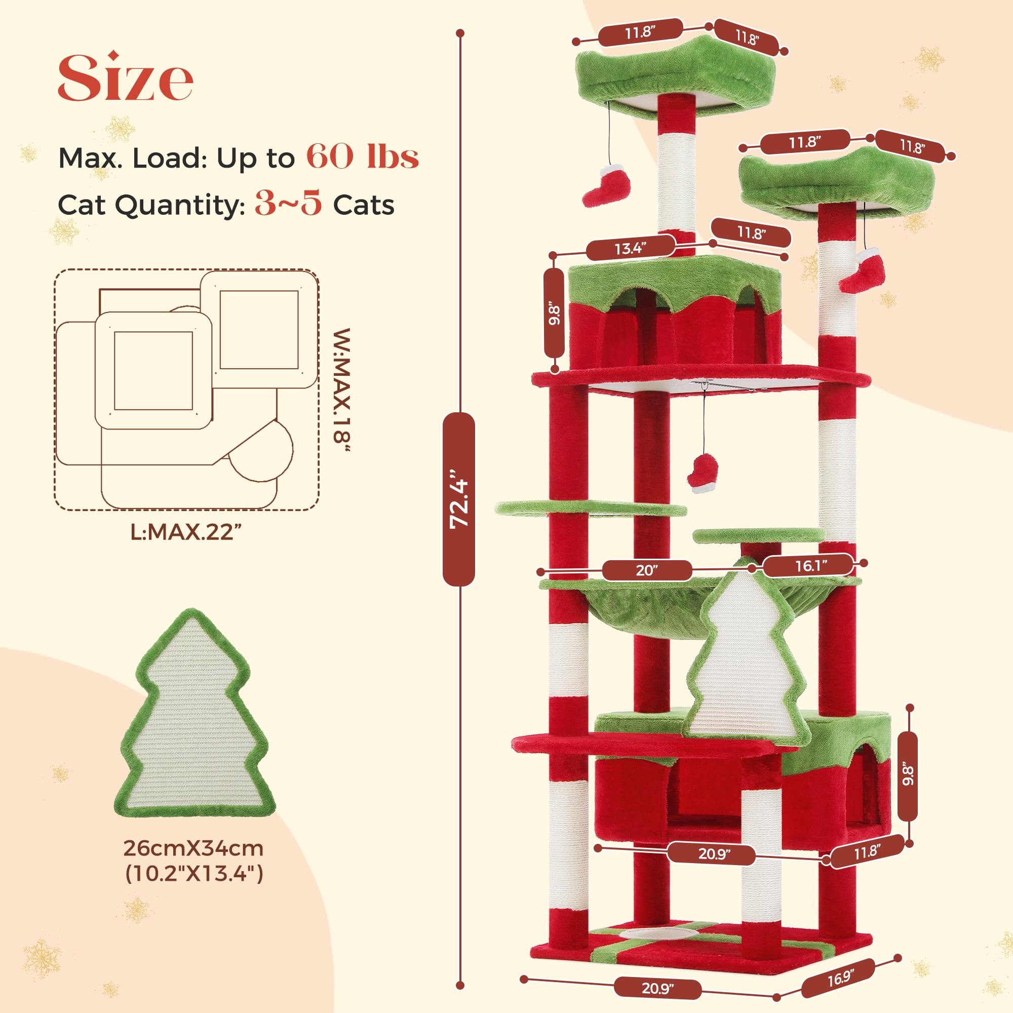 Pawz Road 73" Multi Level Cat tree, Christmas Present for Large Cats, Tall Cat Tower Condo with 7 Scratching Post, Christmas Decor