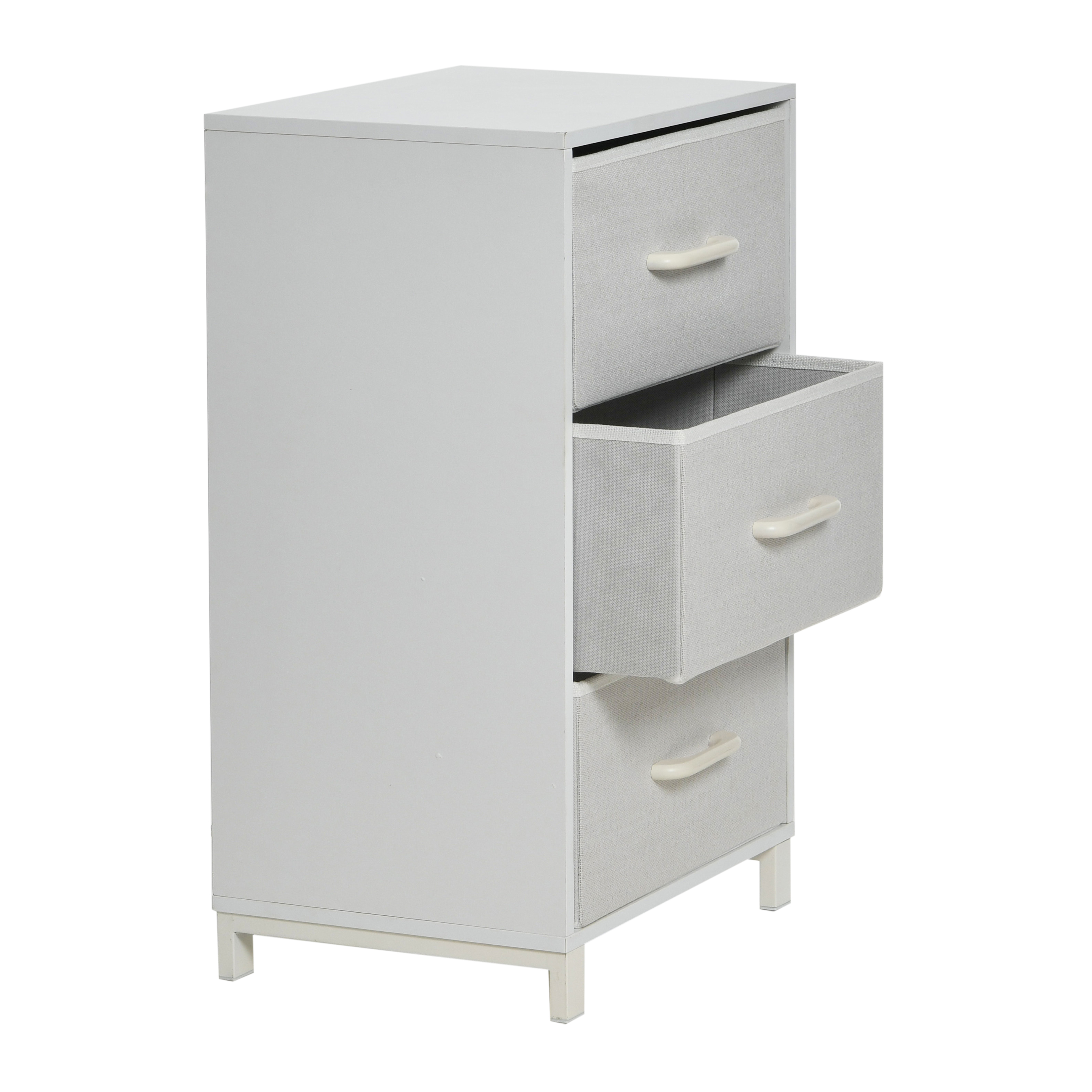 Household Essentials 3 Drawer Dresser, Narrow Storage Chest, Fabric Drawers, Wire Backing and Metal Feet, Plastic Handles, Scandinavian White Laminate