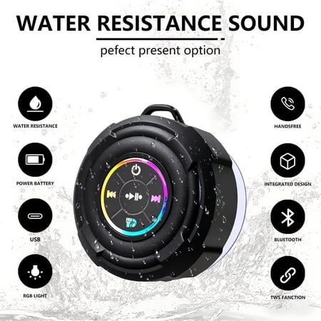 IPX4 Waterproof Shower Bluetooth Speaker, 5W Portable Speaker with Suction Cup, Time Display, Dynamic LED Lights, Stereo Pairing & Hands-Free Microphone for Bathroom