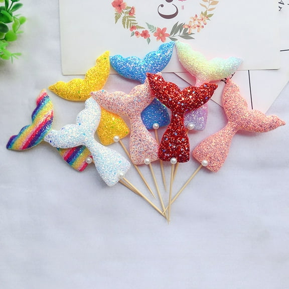 Raindrops 8PCS Mermaid Shaped Glitter Cake Toppers Design Cupcake Decoration Fruit Picks Birthday Party Supplies(Random Color)