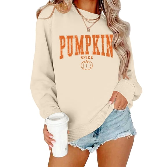 Sweatshirt for Women Oversized Vintage Pumpkin Spice Letter Graphic Crew Neck Long Sleeve Fall Casual Halloween Loose Pullover Tops Beige L